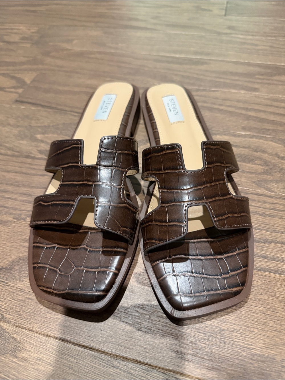 Steven By Steve Madden Dark Brown Croc-Embossed Slide Sandals
